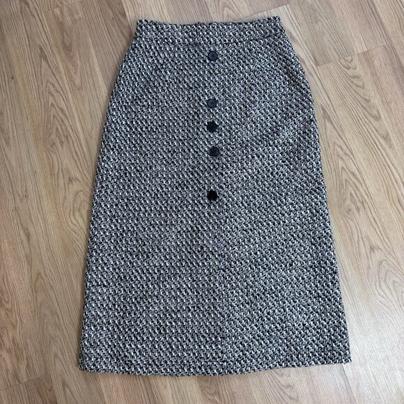 Women’s Tweed Button Down Midi Skirt Black White Small Academia Classic Teacher - Picture 1 of 9